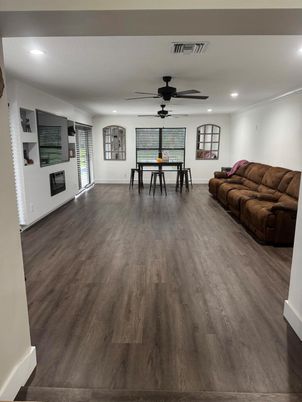 Dining room, Interior, Living room, Recessed Lighting, Wood Texture Flooring