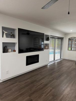 Empty room, Fireplace, Interior, Recessed Lighting, Wood Texture Flooring