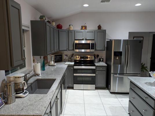Interior, Kitchen, Marble, Recessed Lighting, Stainless Steel Appliances