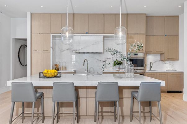 Interior, Kitchen, Marble Walls, Pendant Lights, Recessed Lighting, Wood Texture Flooring