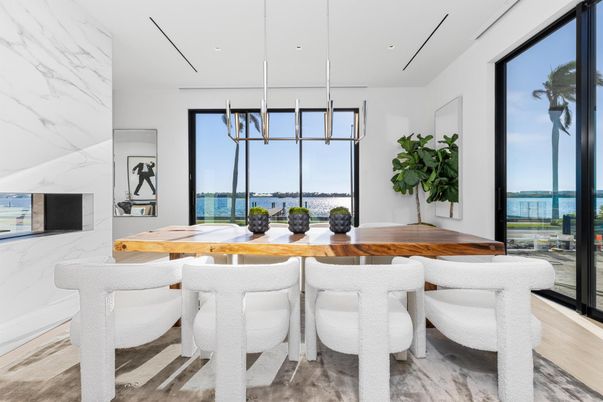 Dining room, Interior, Marble Walls, Pendant Lights, Recessed Lighting, Water, Wood Texture Flooring