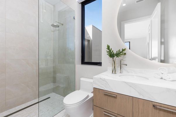 Bathroom, Glass Shower, Interior, Marble Walls, Recessed Lighting