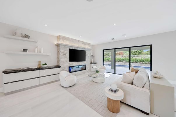 Fireplace, Interior, Living room, Recessed Lighting, Stone Walls