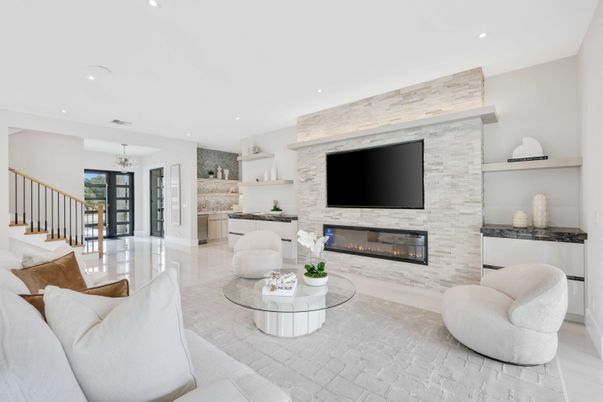 Fireplace, Interior, Kitchen, Living room, Recessed Lighting, Stone Walls