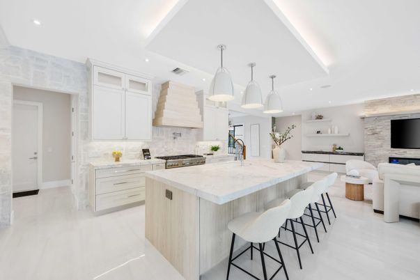 Interior, Kitchen, Living room, Pendant Lights, Recessed Lighting, Stainless Steel Appliances, Stone Walls