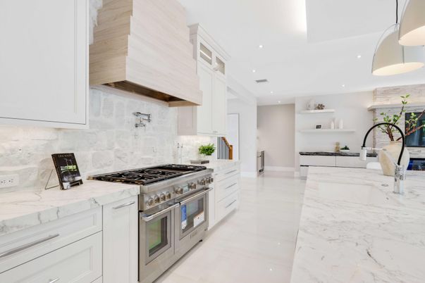 Interior, Kitchen, Marble, Pendant Lights, Recessed Lighting, Stainless Steel Appliances