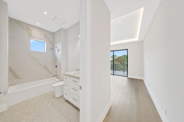 Bathroom, Glass Shower, Interior, Recessed Lighting, Wood Texture Flooring