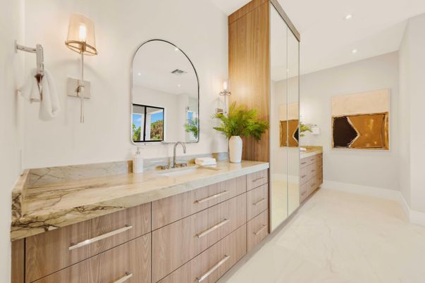 Bathroom, Dual Sink Vanities, Interior, Marble, Recessed Lighting