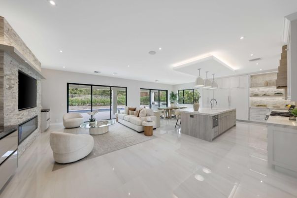 Dining room, Fireplace, Interior, Kitchen, Living room, Recessed Lighting, Stone Walls