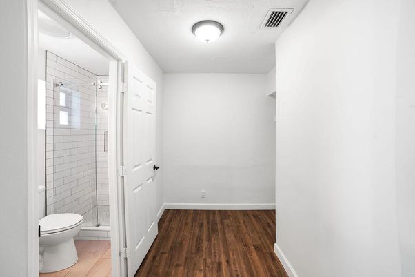 Bathroom, Glass Shower, Interior, Wood Texture Flooring