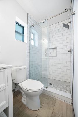 Bathroom, Glass Shower, Interior, Wood Texture Flooring