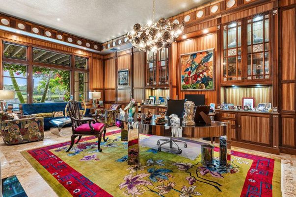 Chandelier, Home Office, Interior, Recessed Lighting, Wooden Walls