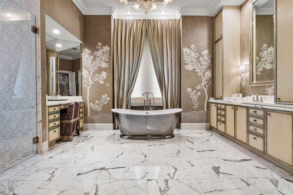 Bathroom, Dual Sink Vanities, Free Standing Baths, Interior, Marble, Recessed Lighting