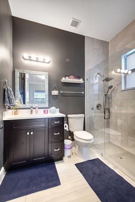 Bathroom, Glass Shower, Interior, Wood Texture Flooring