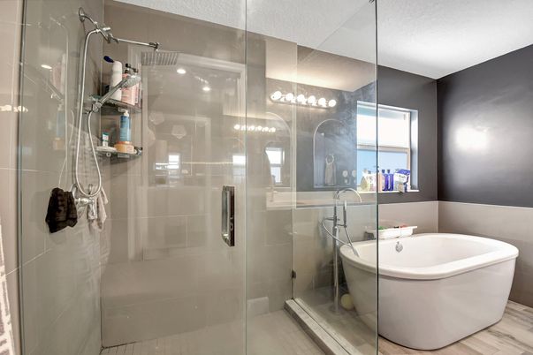 Bathroom, Free Standing Baths, Glass Shower, Interior, Wood Texture Flooring
