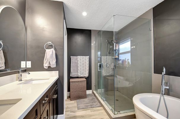 Bathroom, Dual Sink Vanities, Glass Shower, Interior, Recessed Lighting, Wood Texture Flooring