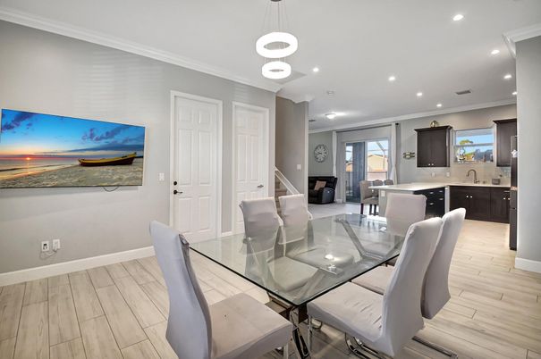 Dining room, Interior, Pendant Lights, Recessed Lighting, Wood Texture Flooring