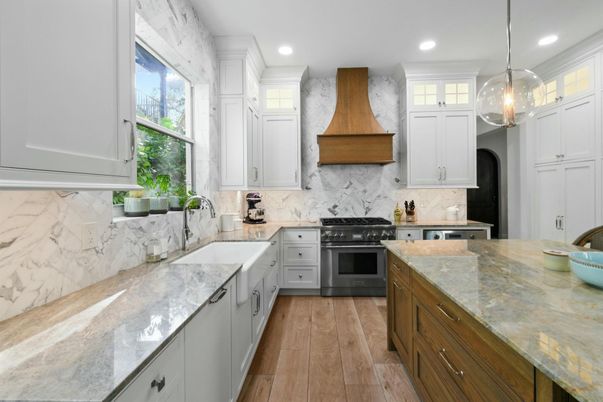 Interior, Kitchen, Marble Walls, Pendant Lights, Recessed Lighting, Stainless Steel Appliances, Wood Texture Flooring