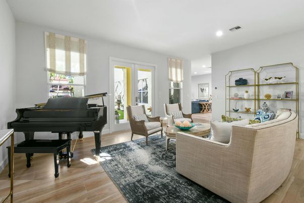 Interior, Living room, Piano, Recessed Lighting, Wood Texture Flooring