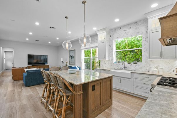 Interior, Kitchen, Living room, Marble Walls, Pendant Lights, Recessed Lighting, Wood Texture Flooring