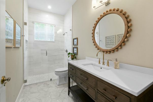 Bathroom, Glass Shower, Interior, Marble, Recessed Lighting