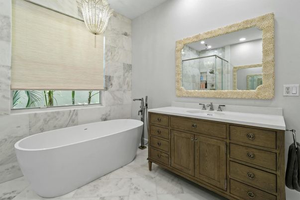 Bathroom, Dual Sink Vanities, Free Standing Baths, Glass Shower, Interior, Marble, Marble Walls, Recessed Lighting
