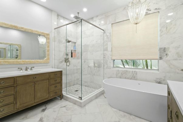 Bathroom, Free Standing Baths, Glass Shower, Interior, Marble, Marble Walls, Recessed Lighting