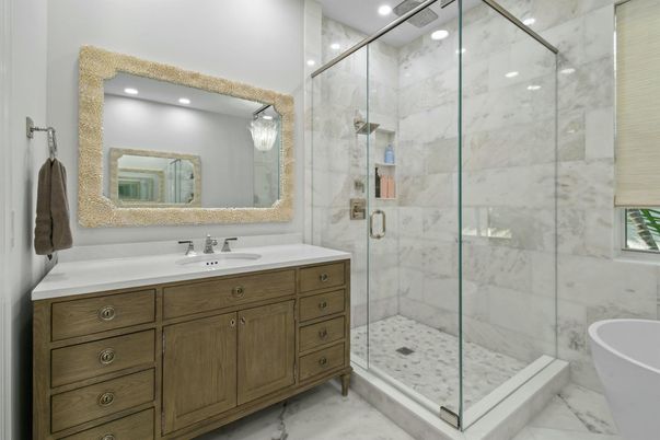 Bathroom, Free Standing Baths, Glass Shower, Interior, Marble, Marble Walls, Recessed Lighting