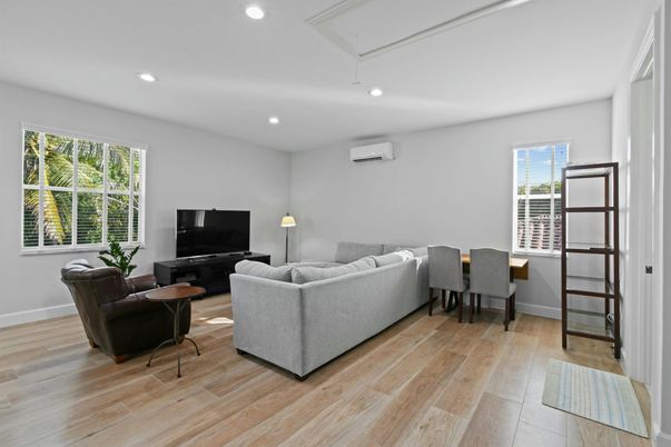 Dining room, Interior, Living room, Recessed Lighting, Wood Texture Flooring