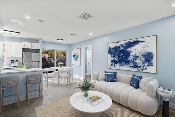 Dining room, Interior, Kitchen, Living room, Recessed Lighting, Stainless Steel Appliances, Wood Texture Flooring