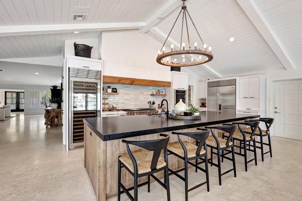 Chandelier, Interior, Kitchen, Pendant Lights, Recessed Lighting, Stainless Steel Appliances, Wooden Beams