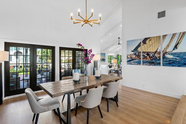 Dining room, Interior, Pendant Lights, Wood Texture Flooring