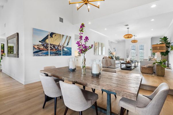 Dining room, Interior, Living room, Pendant Lights, Recessed Lighting, Wood Texture Flooring