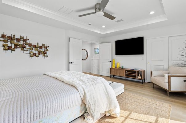Bedroom, Interior, Recessed Lighting, Wood Texture Flooring
