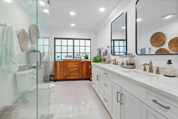 Bathroom, Dual Sink Vanities, Glass Shower, Interior, Recessed Lighting