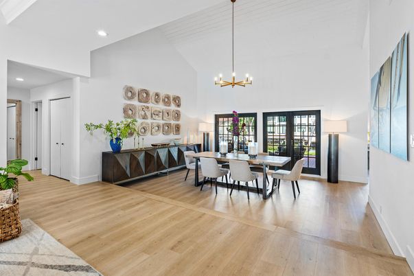 Dining room, Interior, Pendant Lights, Recessed Lighting, Wood Texture Flooring
