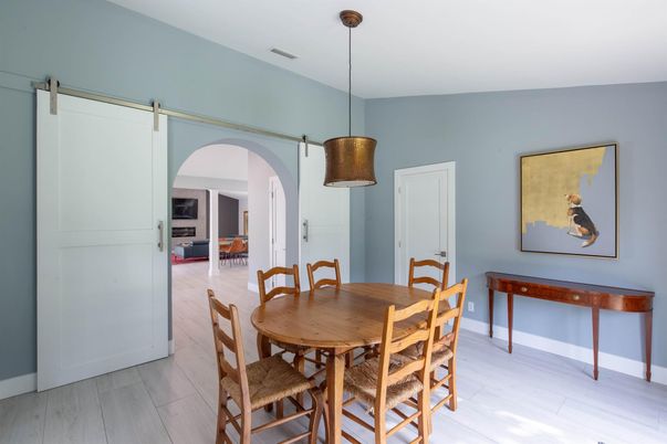 Dining room, Interior, Pendant Lights, Wood Texture Flooring
