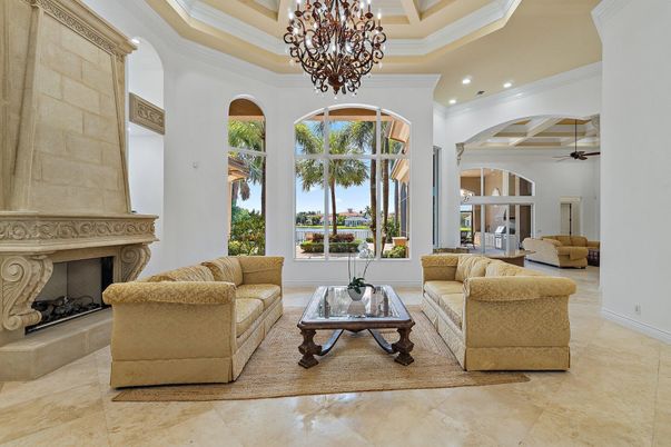Chandelier, Fireplace, Interior, Living room, Recessed Lighting, Stone Walls
