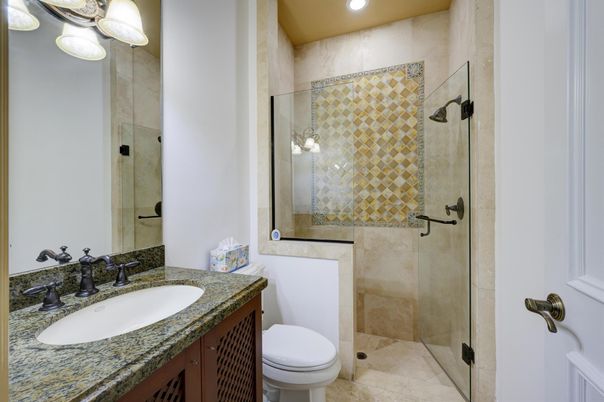 Bathroom, Glass Shower, Interior, Recessed Lighting