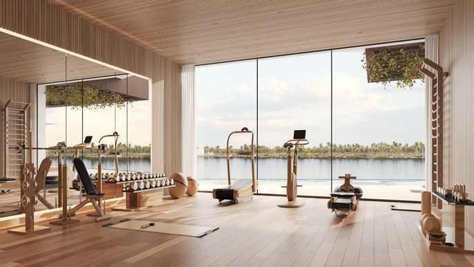 Fitness Equipment, Interior, Water, Wood Texture Flooring