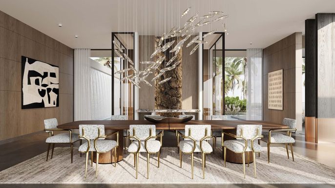 Dining room, Interior, Pendant Lights, Recessed Lighting, Wooden Walls