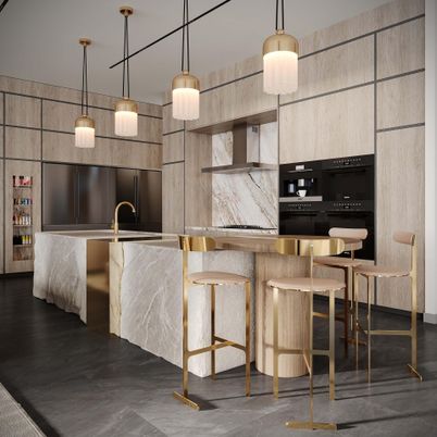 Interior, Kitchen, Pendant Lights, Stainless Steel Appliances, Wood Texture Flooring