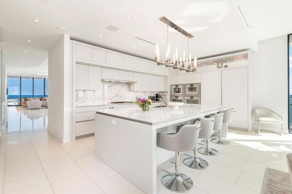 Interior, Kitchen, Marble Walls, Pendant Lights, Recessed Lighting, Stainless Steel Appliances, Water