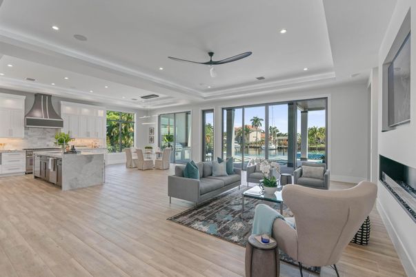 Dining room, Fireplace, Interior, Kitchen, Living room, Recessed Lighting, Stainless Steel Appliances, Wood Texture Flooring