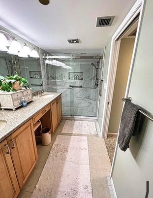 Bathroom, Dual Sink Vanities, Glass Shower, Interior, Marble Walls