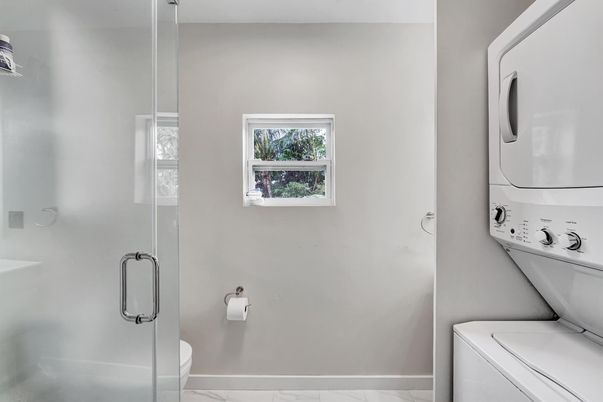 Bathroom, Glass Shower, Interior, Marble, Utility Closets, Washer