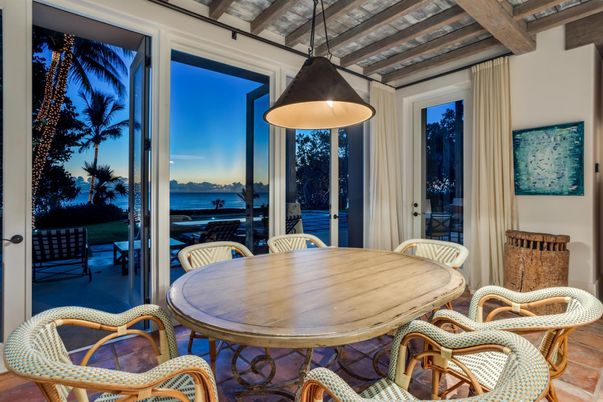 Dining room, Interior, Pendant Lights, Water, Wooden Beams