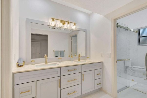 Bathroom, Dual Sink Vanities, Glass Shower, Interior, Marble Walls