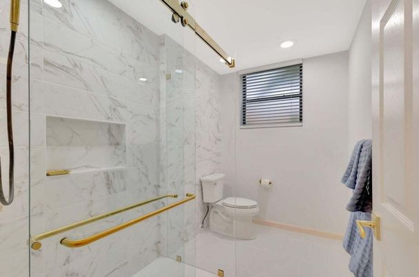 Bathroom, Glass Shower, Interior, Marble Walls, Recessed Lighting