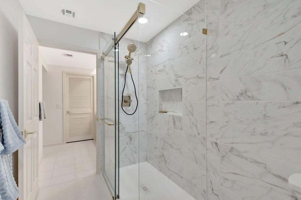Bathroom, Glass Shower, Interior, Marble Walls, Recessed Lighting
